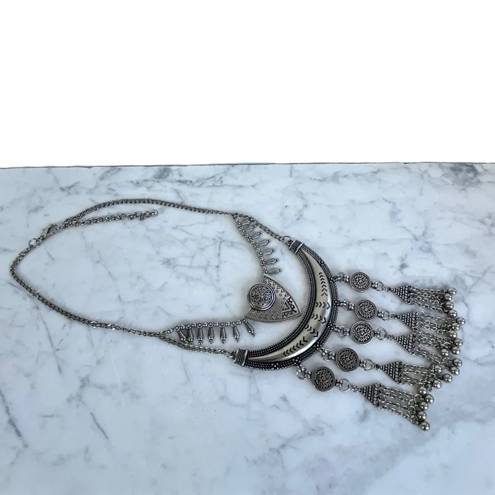 Southwestern Style Silver Toned Boho Statement Necklace